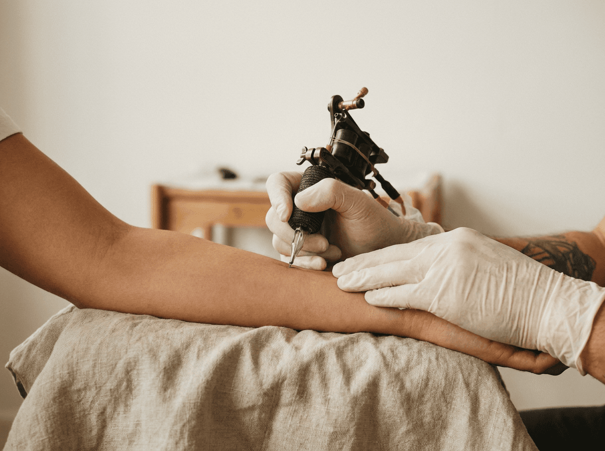 Tattoo artist working precisely on a client's forearm in the studio